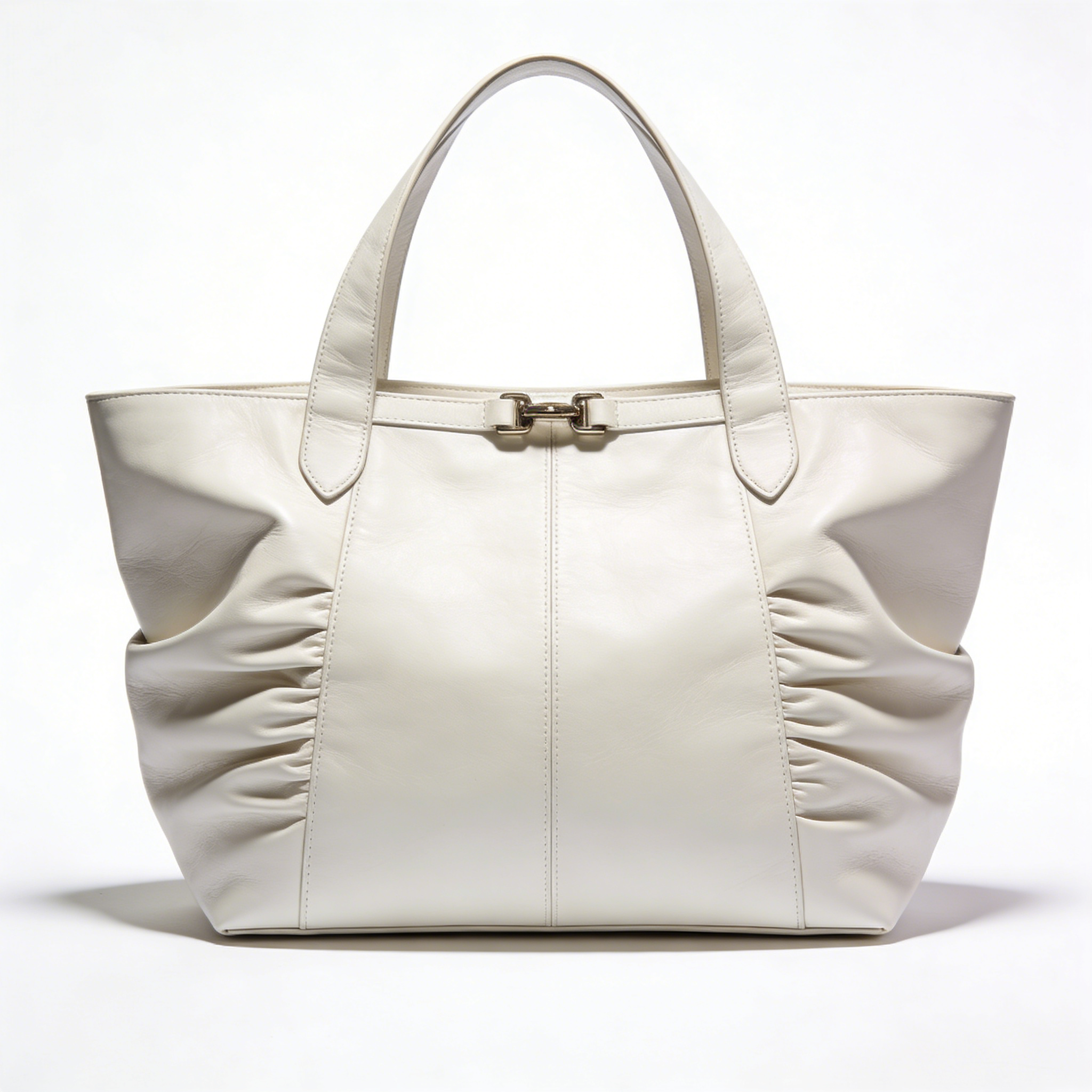 Cream Ruched Side Leather Tote Bag with Metal Clasp