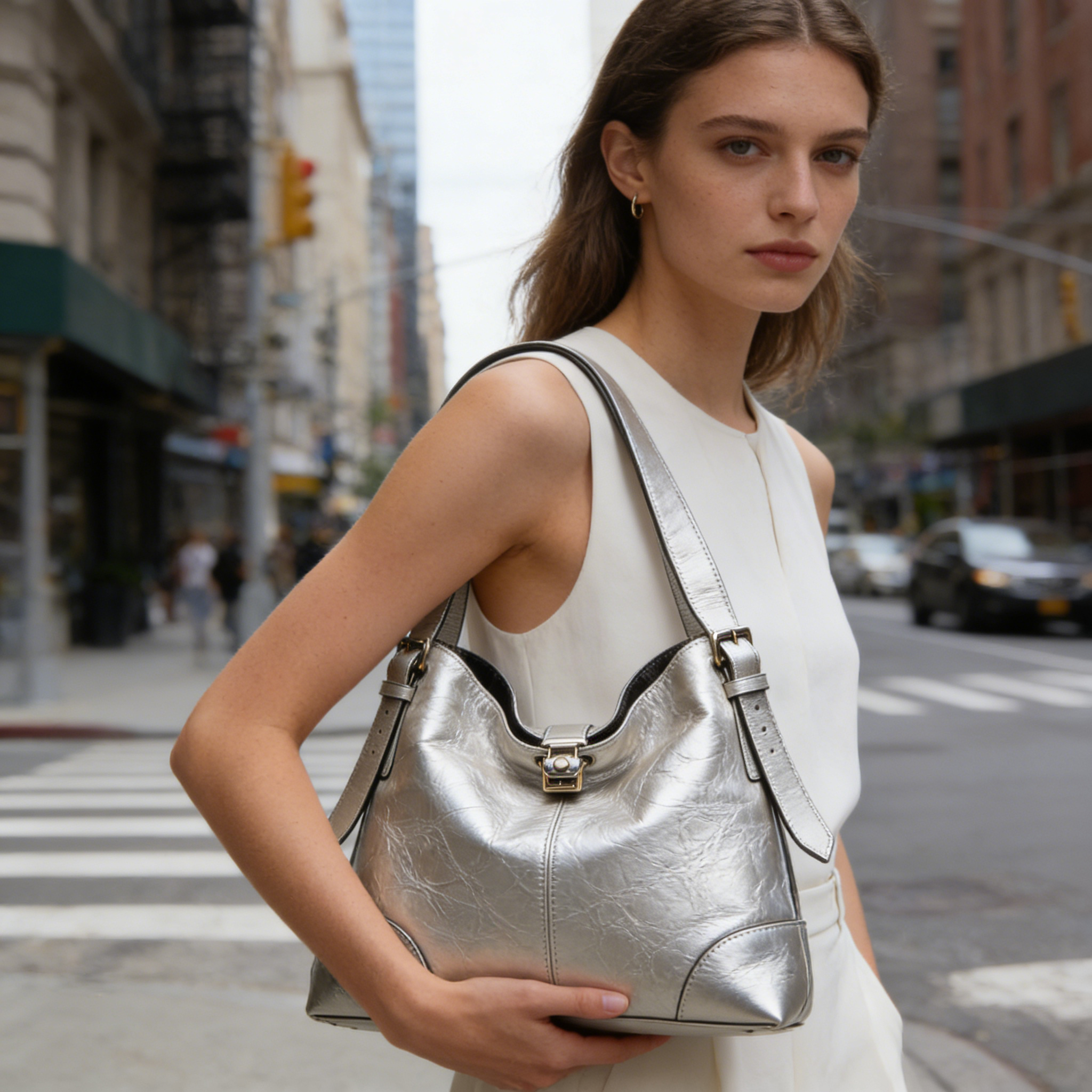 Gold Metallic Crackle Leather Hobo Tote Bag