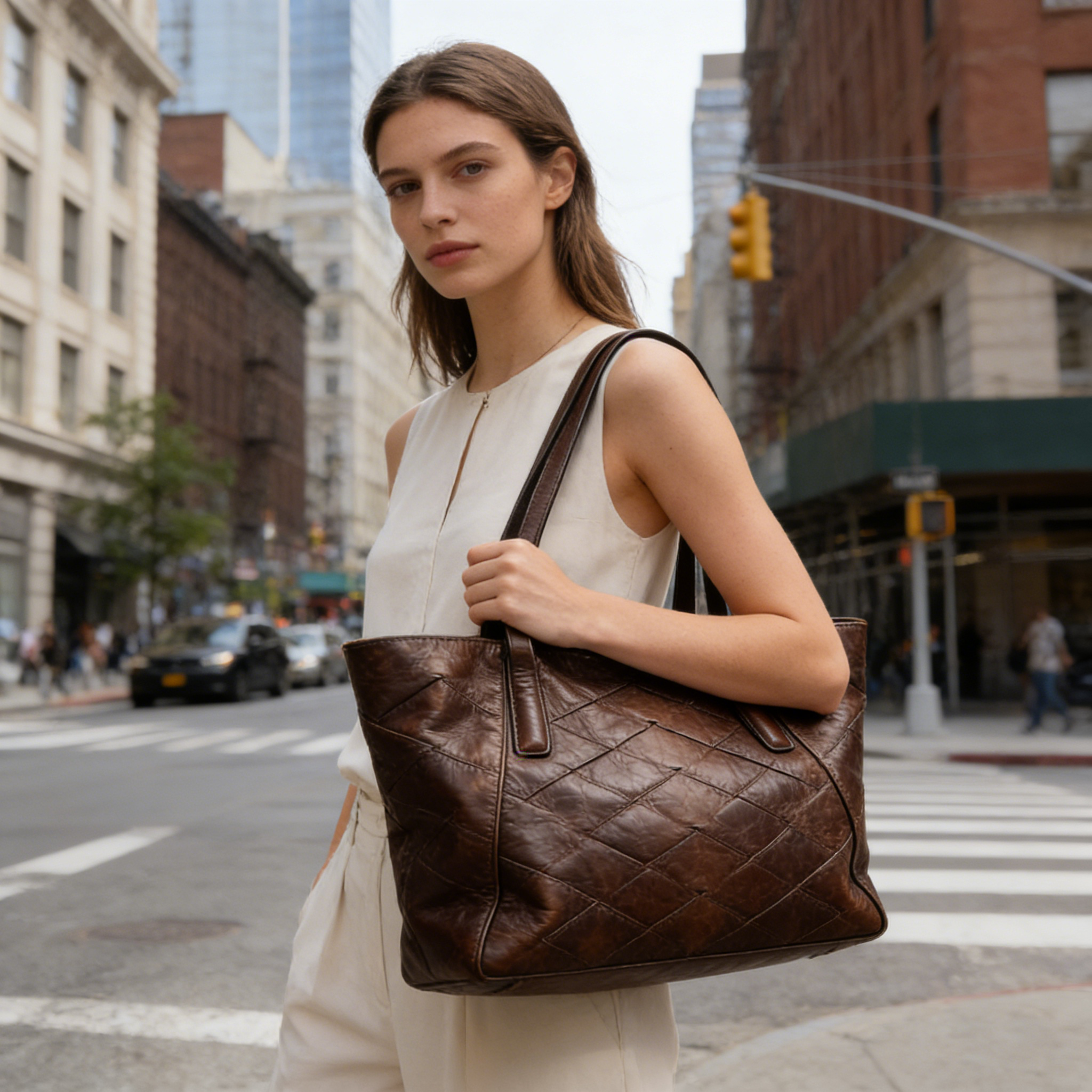 Dark Brown Quilted Leather Tote Bag