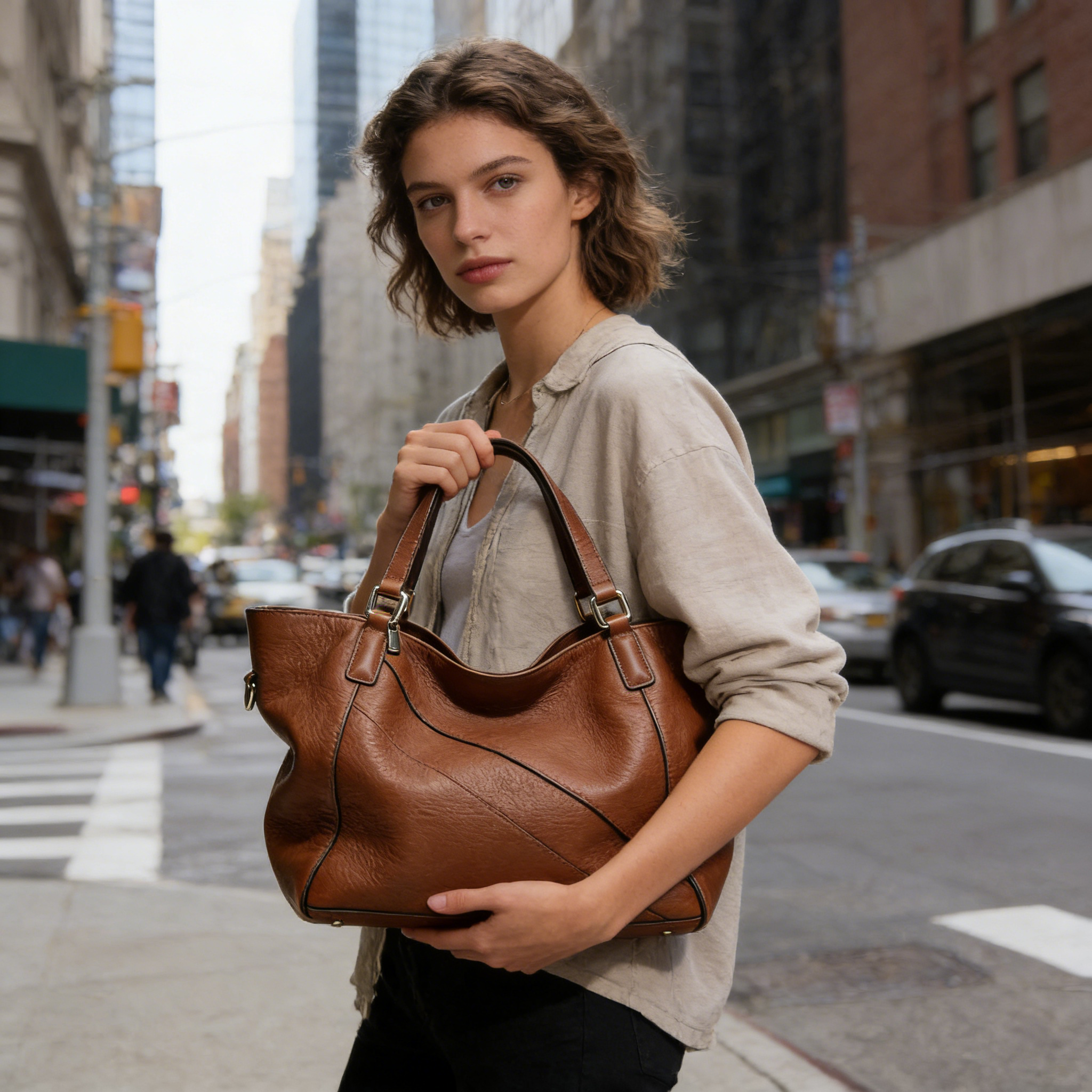 Brown Curved Stitch Leather Tote Bag