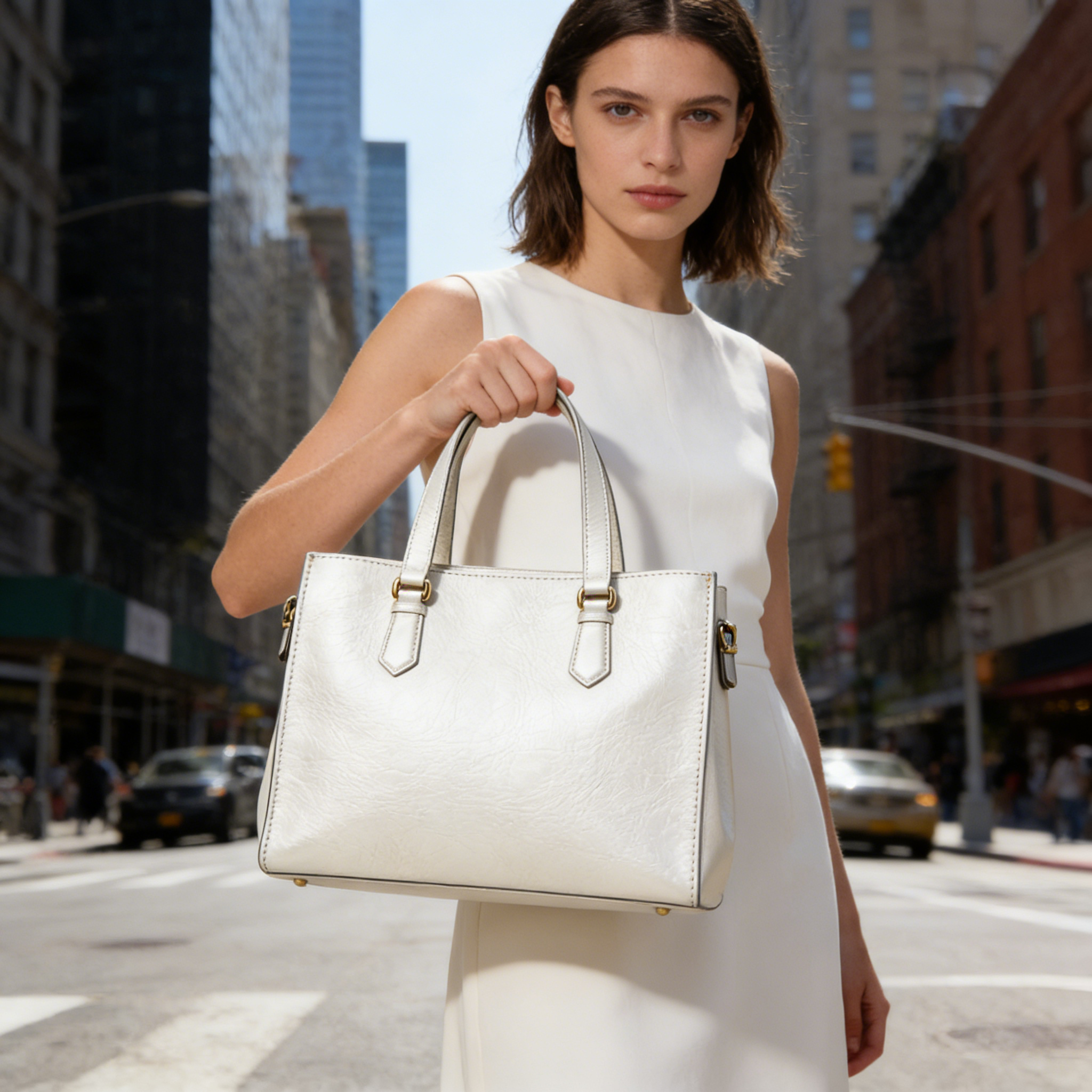 Champagne Metallic Leather Structured Tote Bag