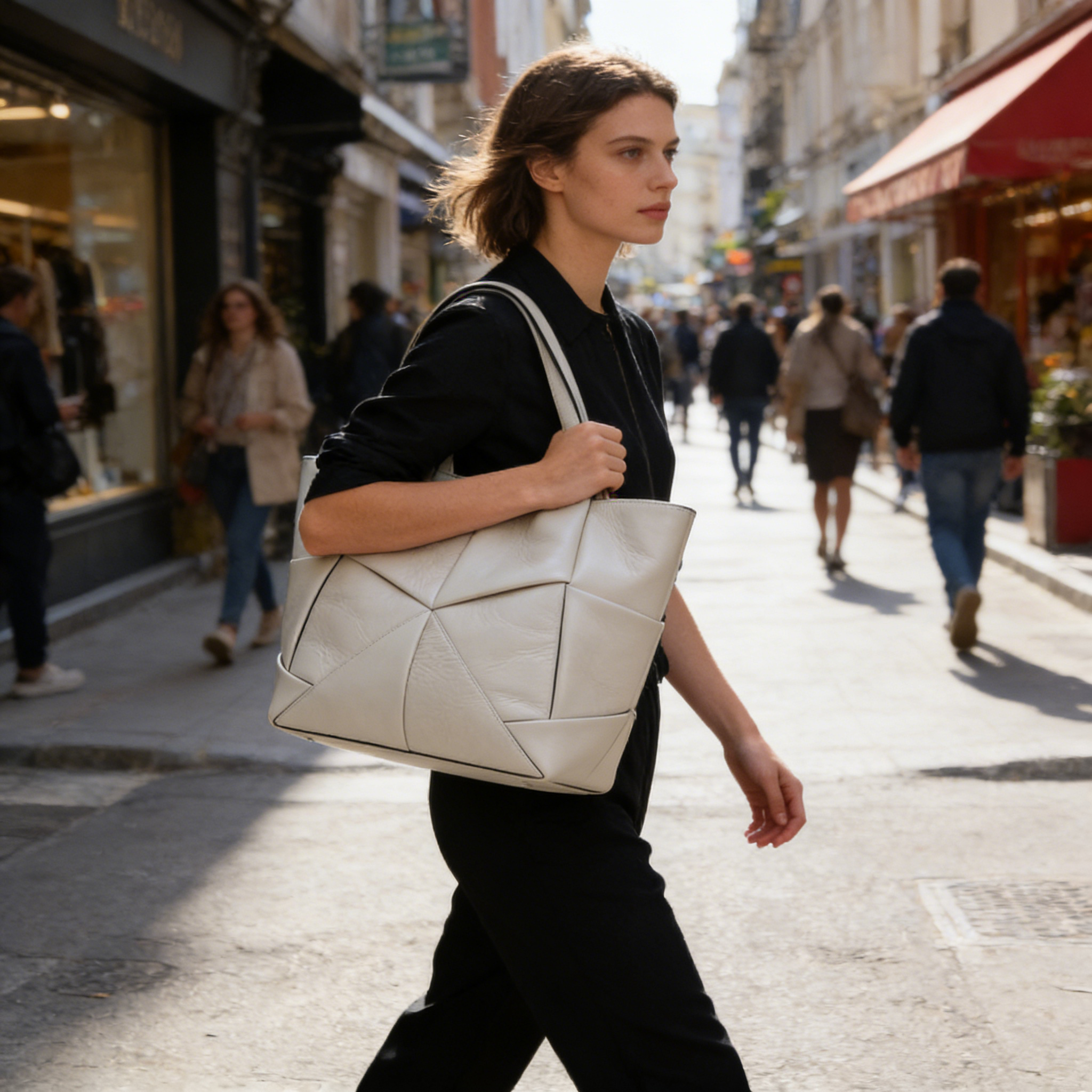White Geometric Panel Leather Tote Bag
