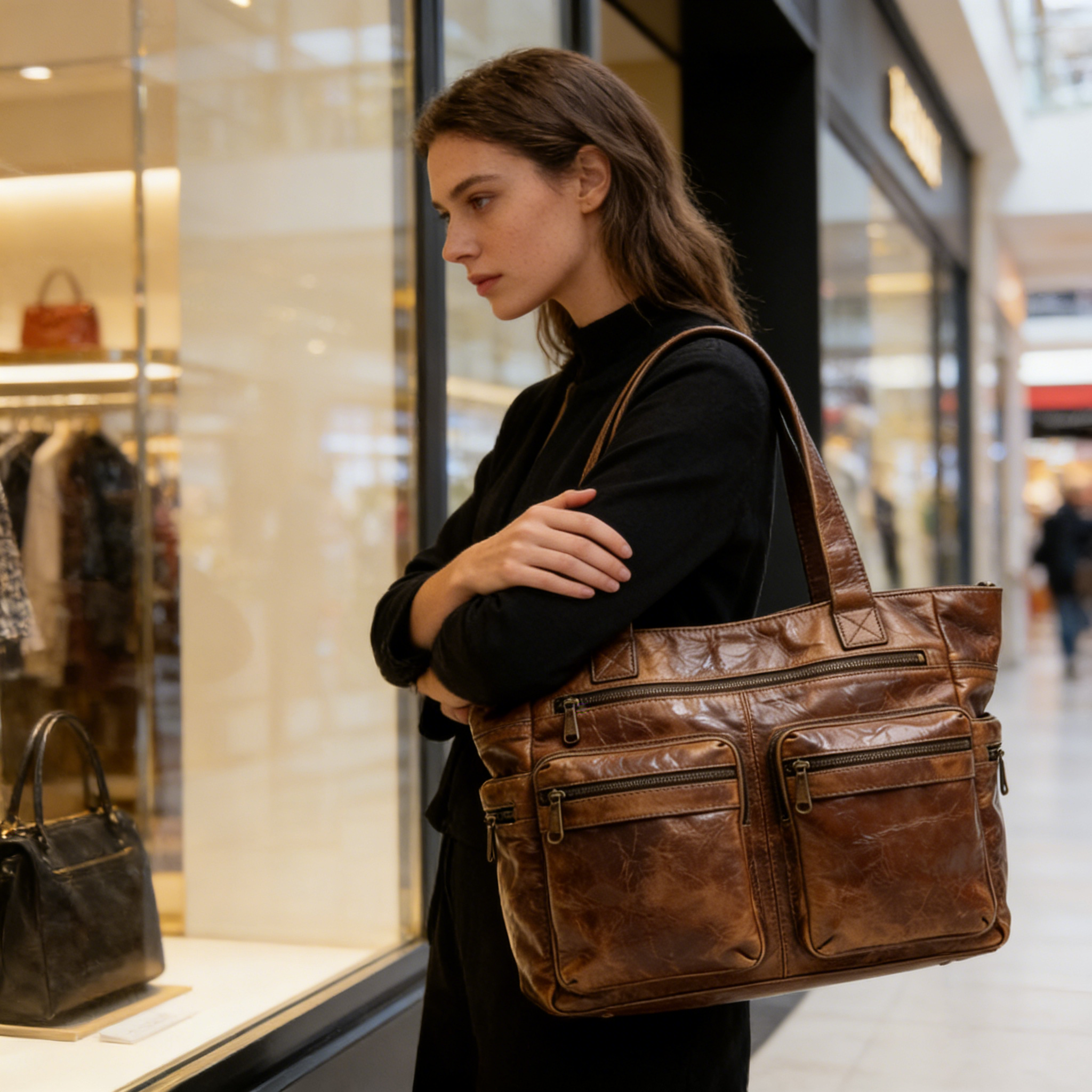 Brown Multi-Pocket Utility Leather Tote Bag