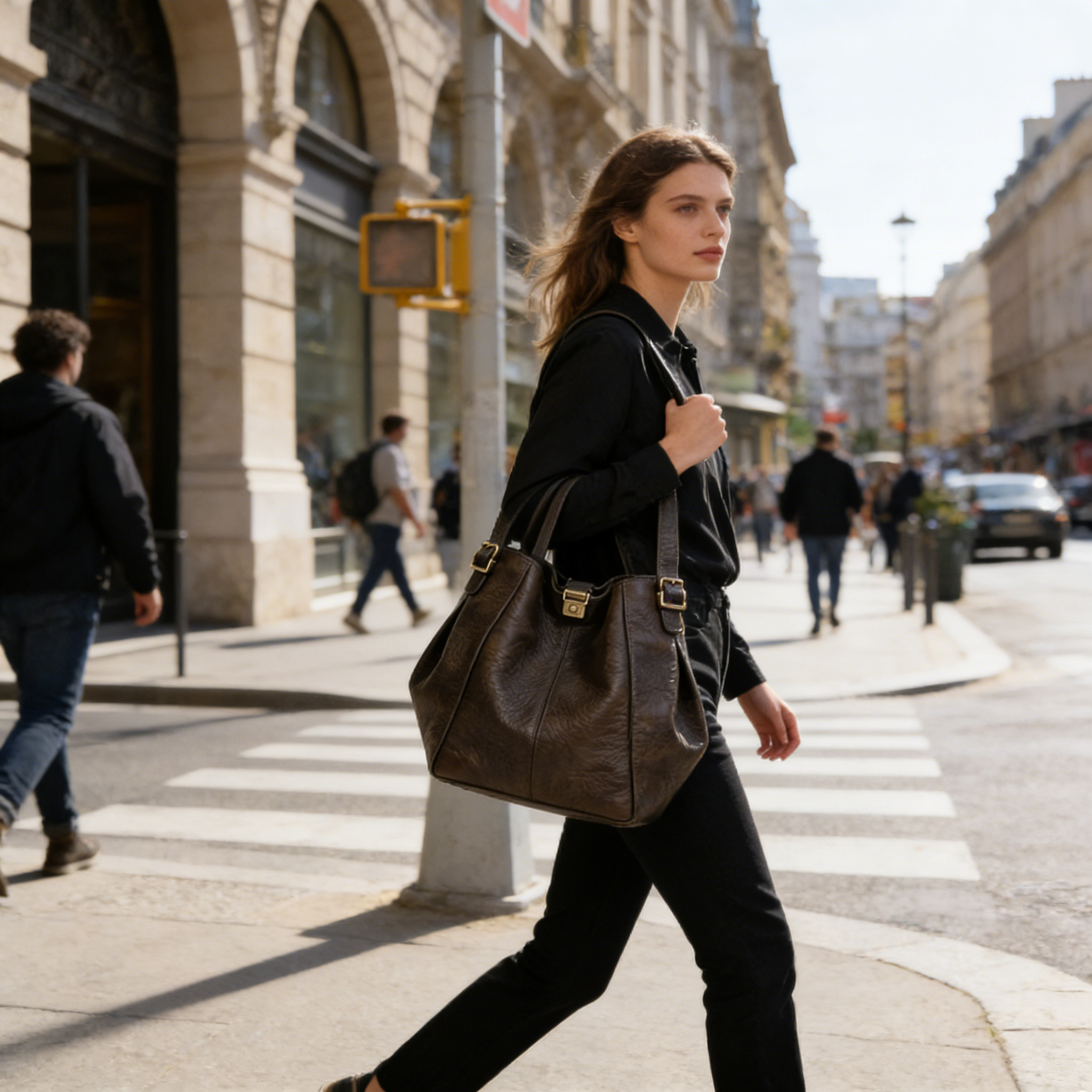 Dark Gray Buckle Closure Leather Hobo Tote Bag