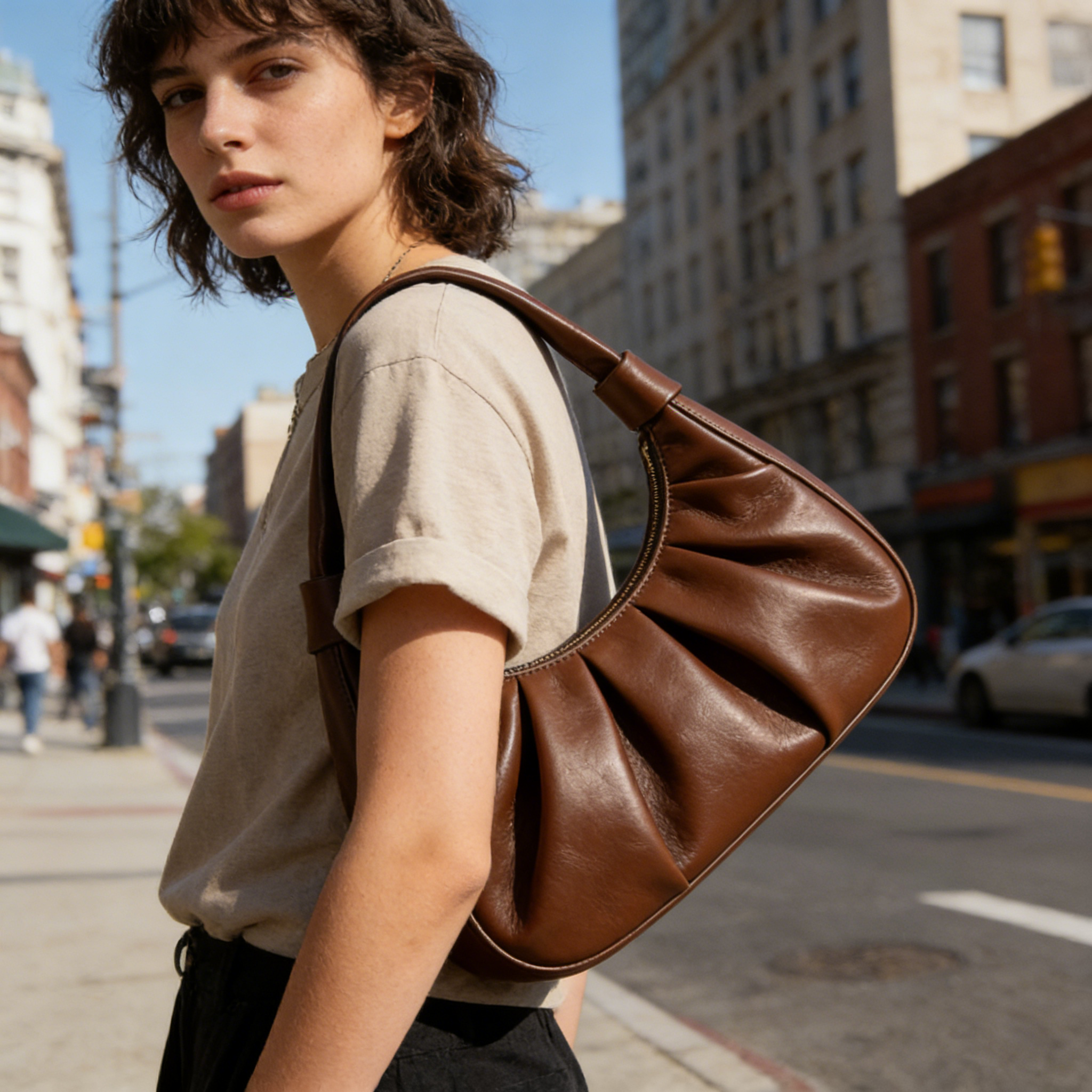 Medium Brown Soft Pleated Leather Hobo Bag