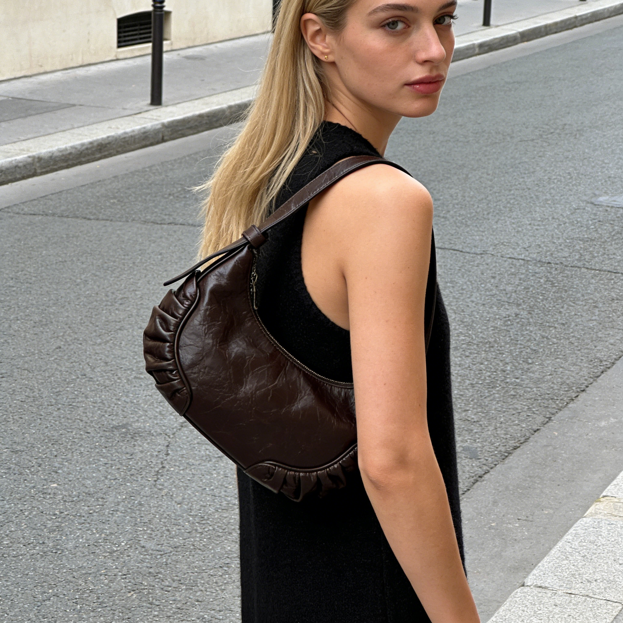 Dark Brown Ruched Side Leather Hobo Shoulder Bag