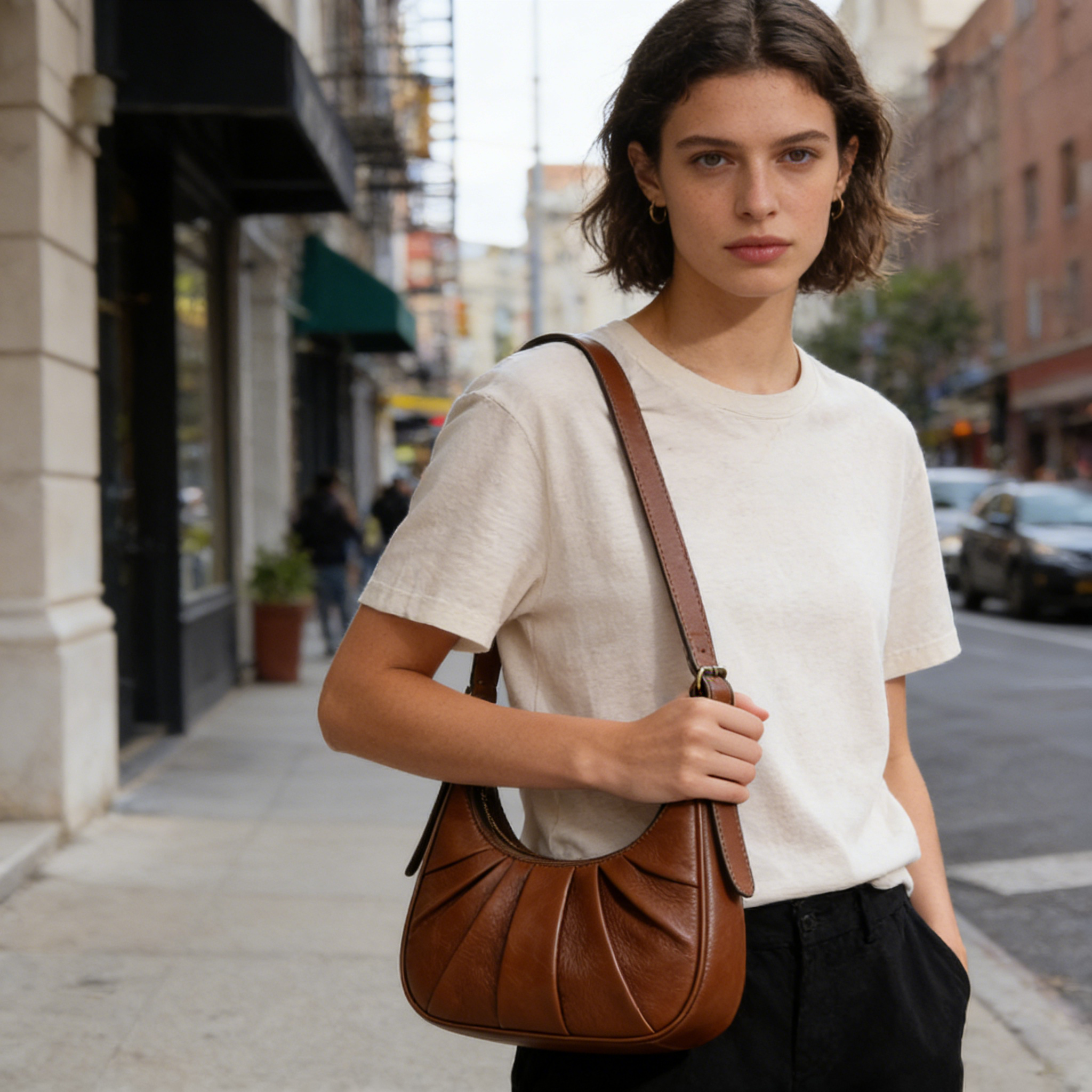 Light Brown Fan-Pleated Leather Hobo Shoulder Bag