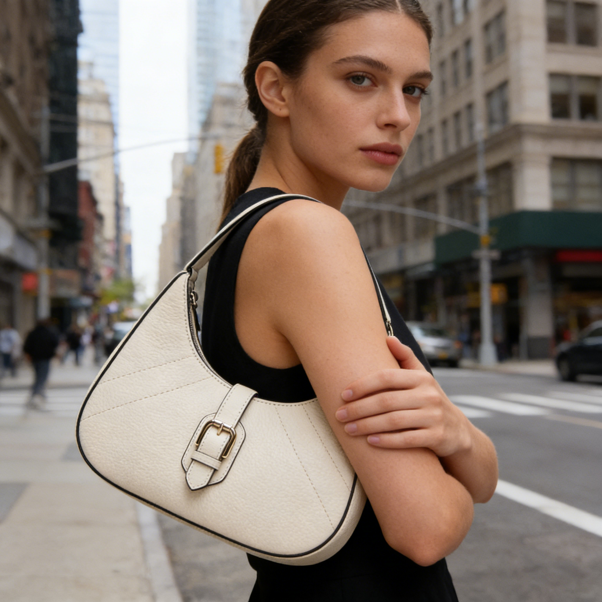 Off-White Pebbled Leather Hobo Bag with Decorative Buckle