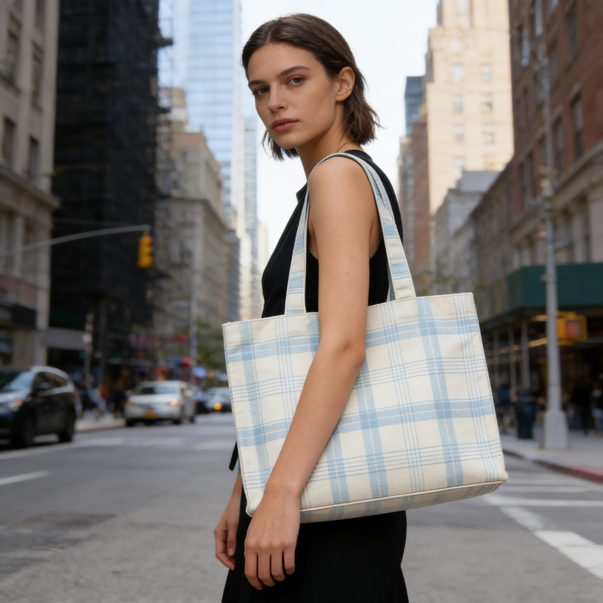 Light Blue Plaid Canvas Tote Bag