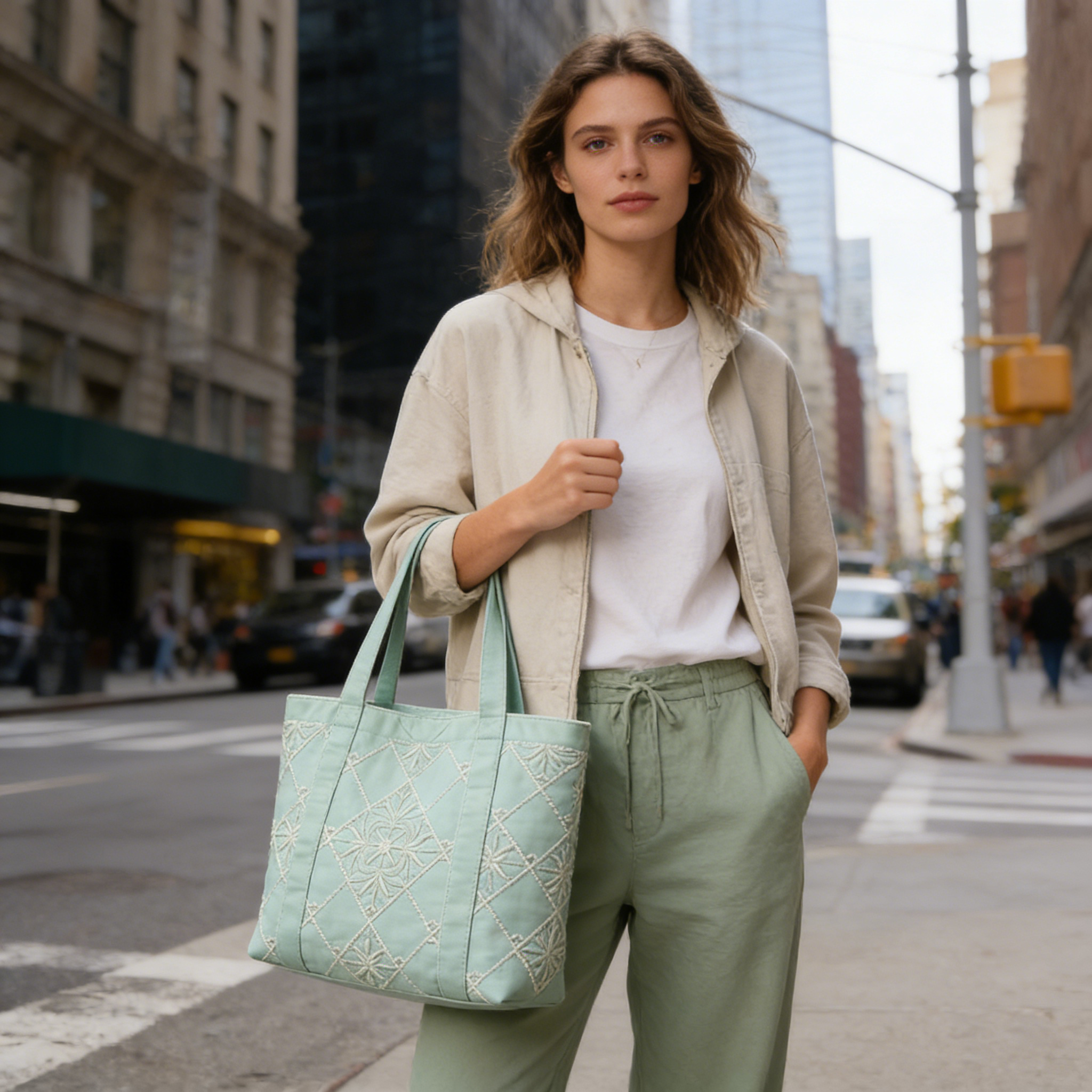 Mint Green Embroidered Geometric Canvas Tote Bag