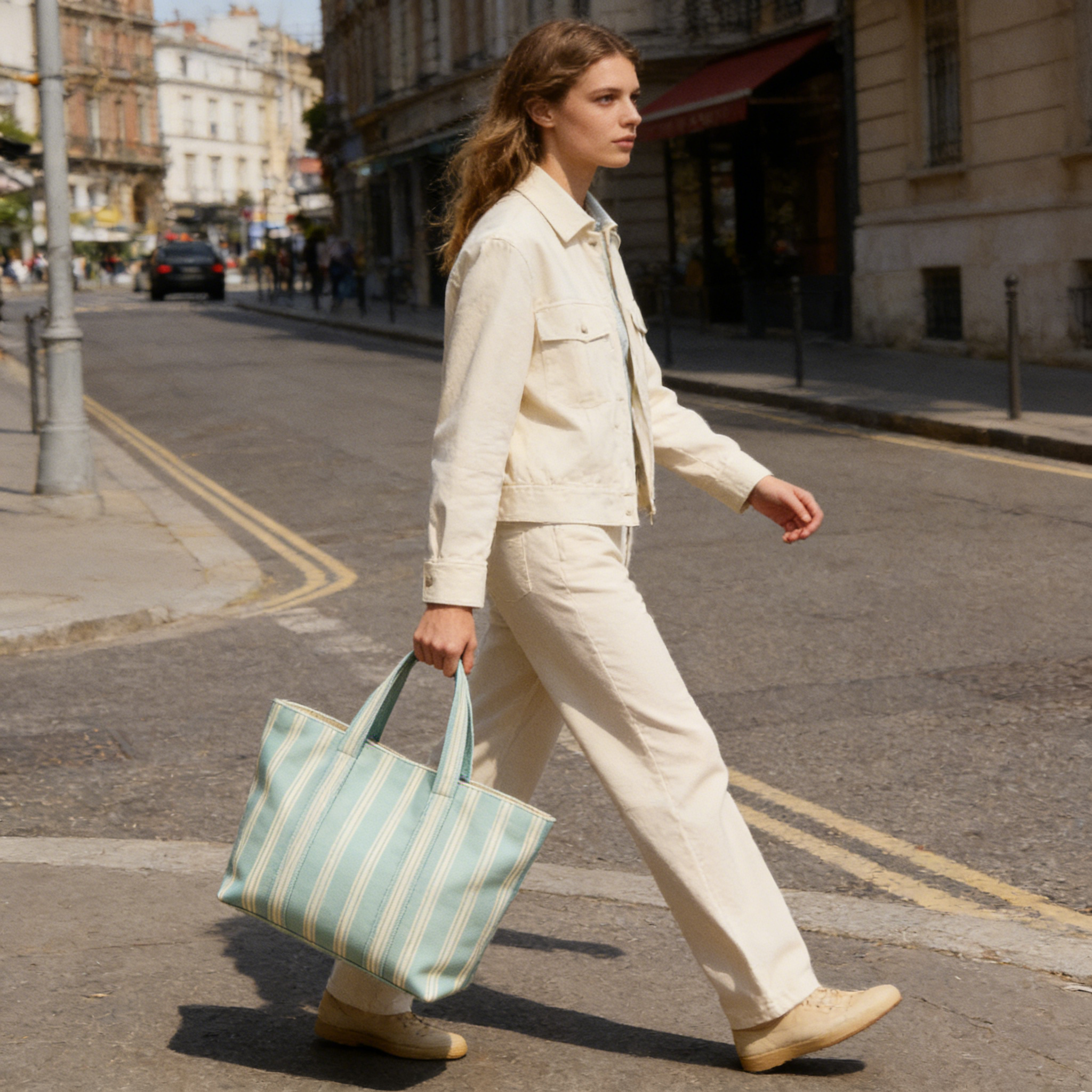Mint Green & Cream Stripe Canvas Tote Bag